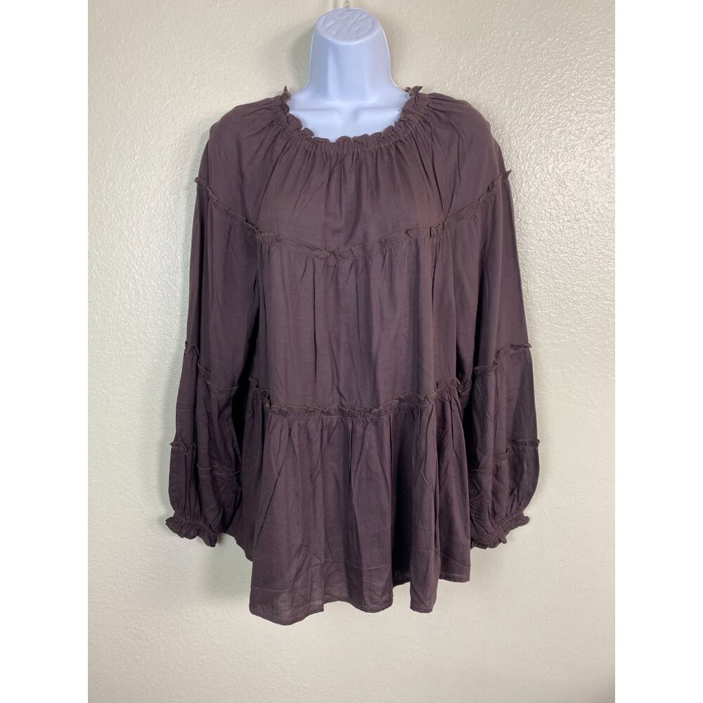 Beachlunchlounge Womens Brown Long Sleeve Peasant Tunic Top size Small Boho